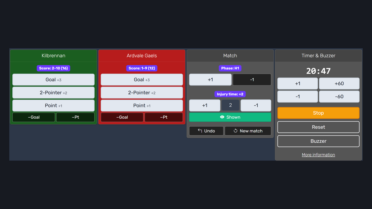 Feature screenshot: The GAA scorekeeper control panel with goal, two-pointer and point buttons
