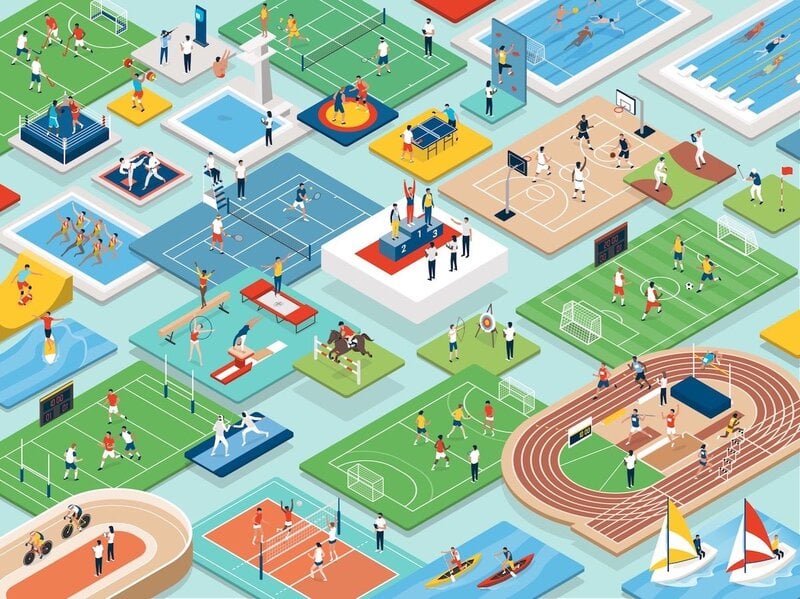 Feature screenshot: Different types of sports and games shown in an isometric style