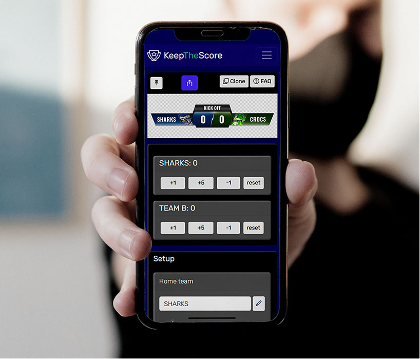 Feature screenshot: Phone showing scoreboard controls for remote score updates
