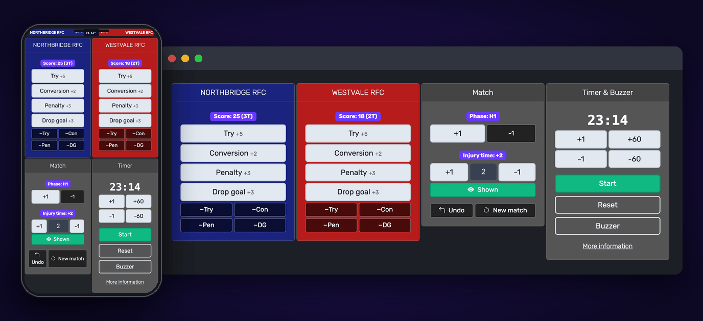 Feature screenshot: The rugby scorekeeper control panel on a phone and on a laptop, with try, conversion, penalty and drop goal buttons