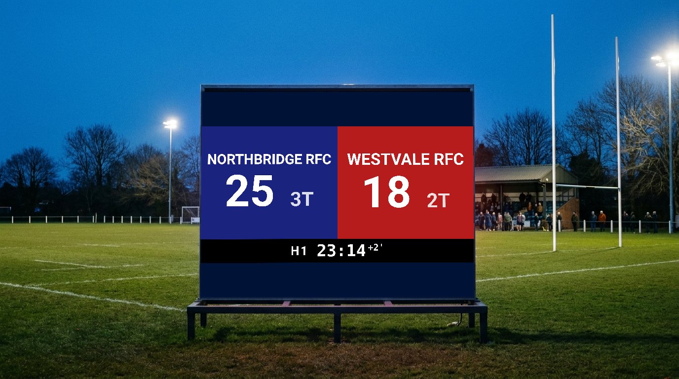 Feature screenshot: A Rugby League scoreboard on a pitch-side LED panel at a floodlit club ground