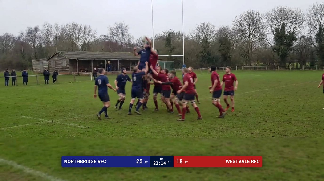 Feature screenshot: A compact Rugby League scorebug overlaid on a club match stream, with team panels and a centre match clock