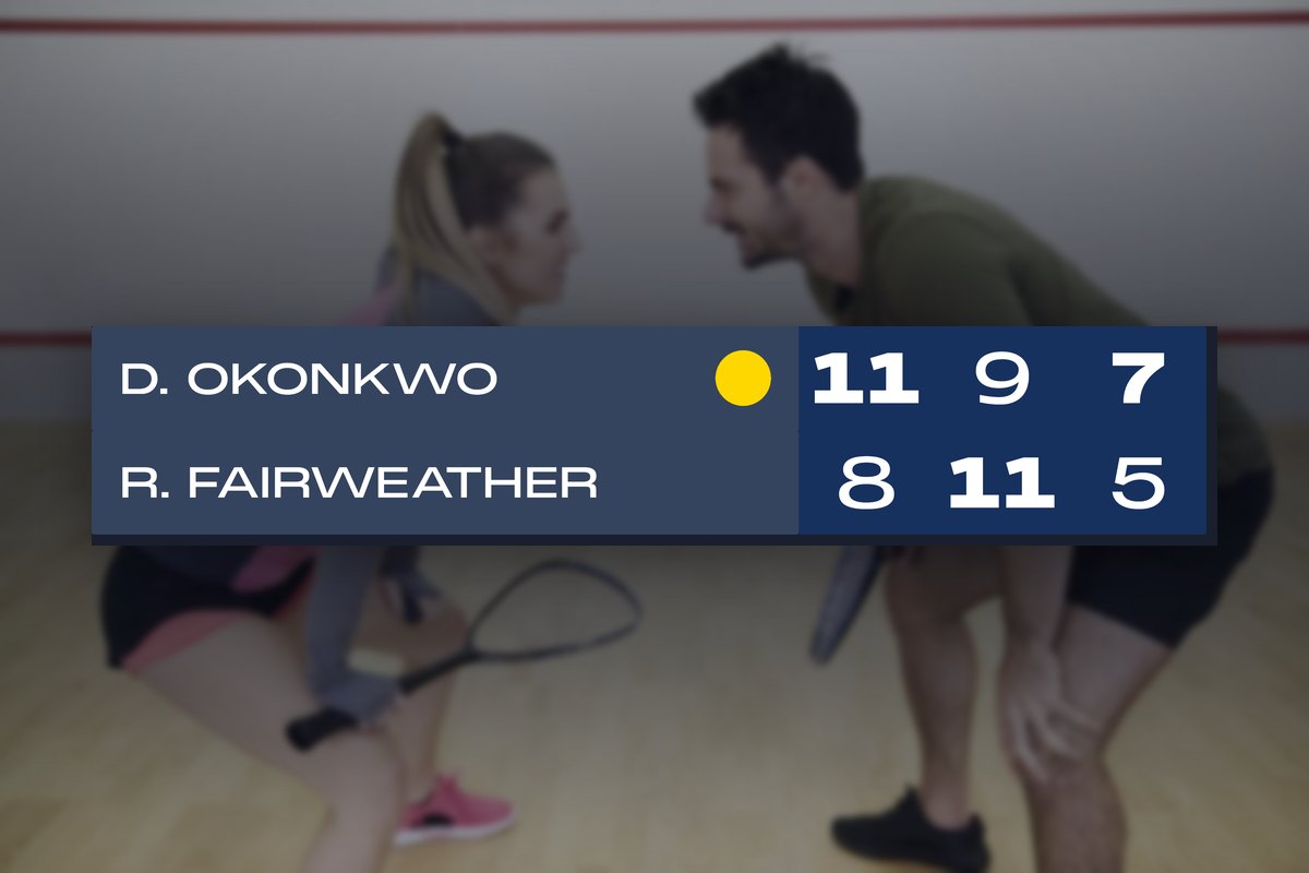 Feature screenshot: A squash scoreboard showing the running game score and serve indicator on a screen above the court