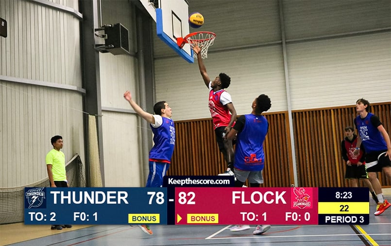 Feature screenshot: OBS Studio showing a basketball scoreboard overlay integrated into a live stream