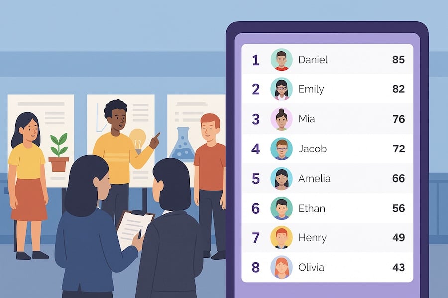 Feature screenshot: Science fair judges evaluating projects with scoring tablets