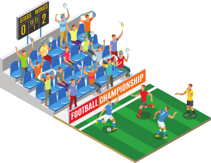 A football game in an isometric style with a scoreboard and stands.