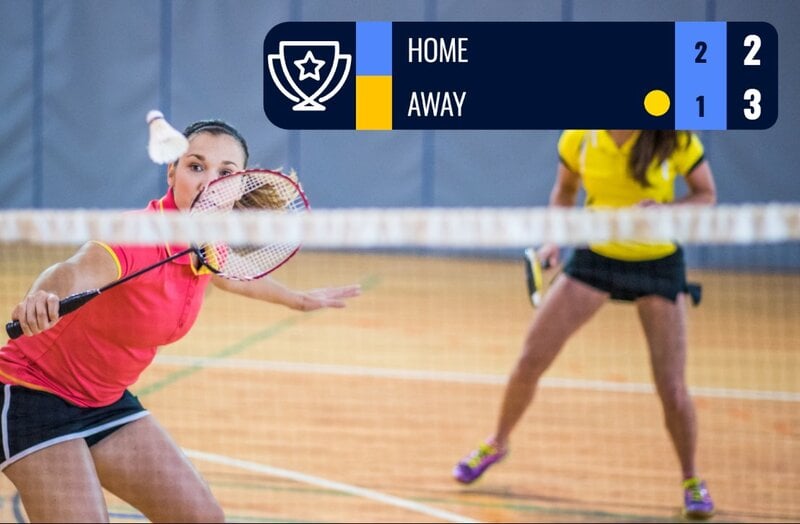 A professional badminton scoreboard overlay with team logos on a live sports broadcast