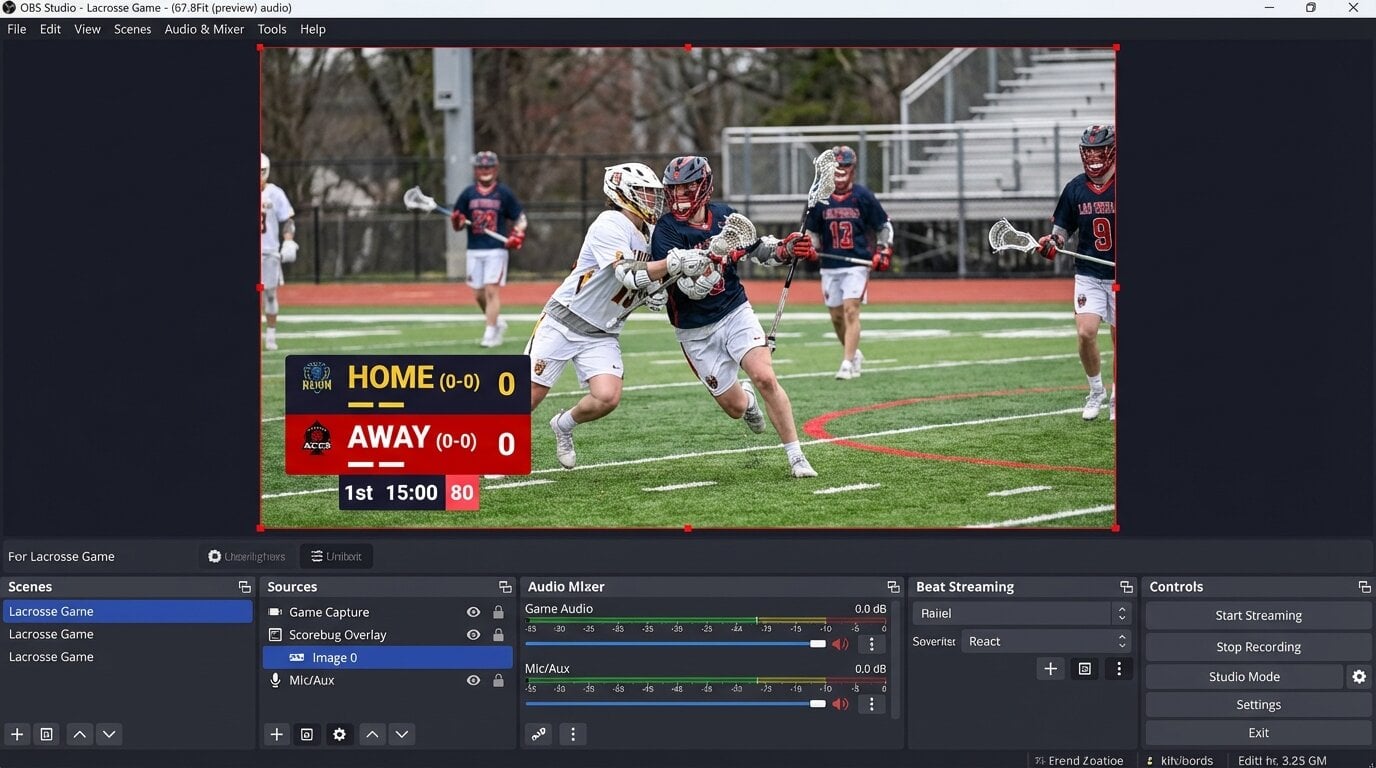 Feature screenshot: OBS Studio showing a lacrosse scoreboard overlay integrated into a live stream