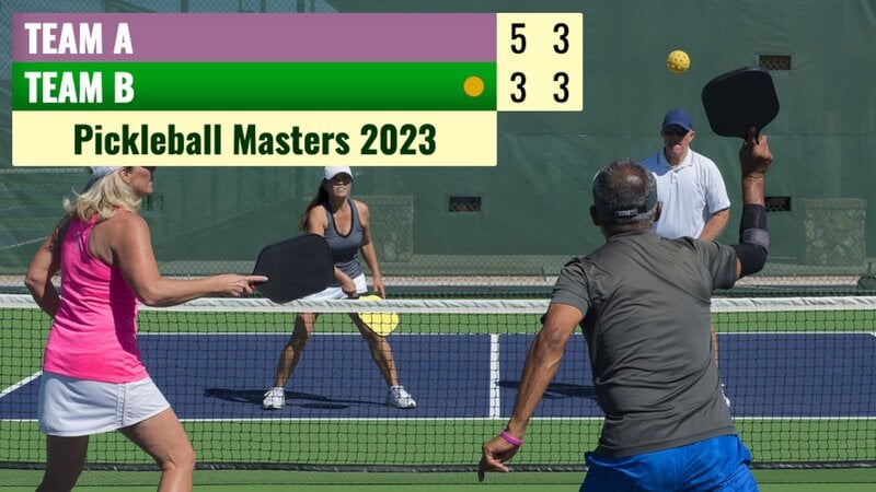 A professional pickleball scoreboard overlay with team logos on a live sports broadcast