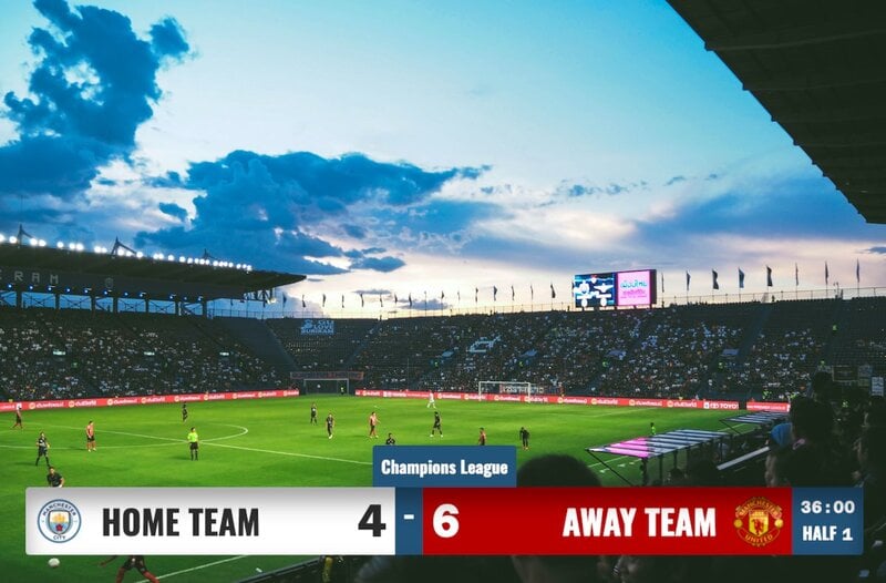 A professional soccer scoreboard overlay with team logos on a live sports broadcast