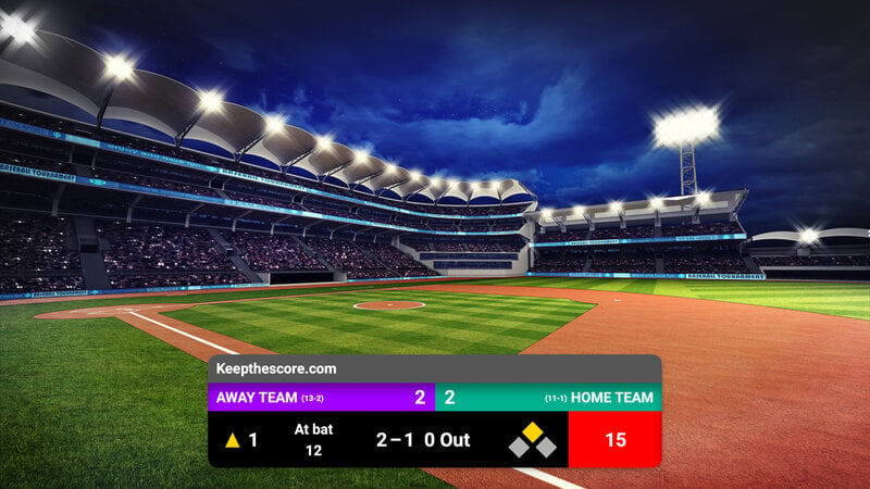 A professional softball scoreboard overlay with team logos on a live sports broadcast