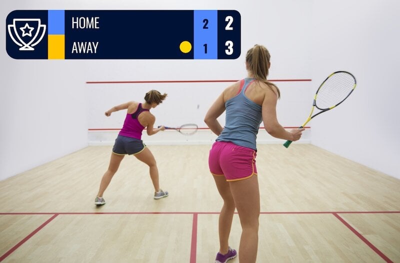 A professional squash scoreboard overlay with team logos on a live sports broadcast