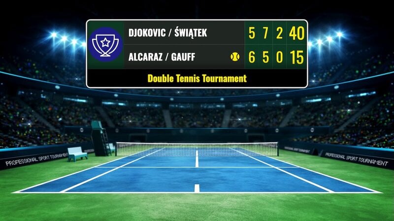 A professional tennis scoreboard overlay with team logos on a live sports broadcast