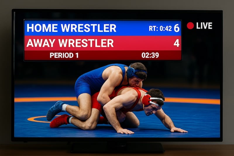 Feature screenshot: A professional wrestling scoreboard overlay with team logos on a live sports broadcast