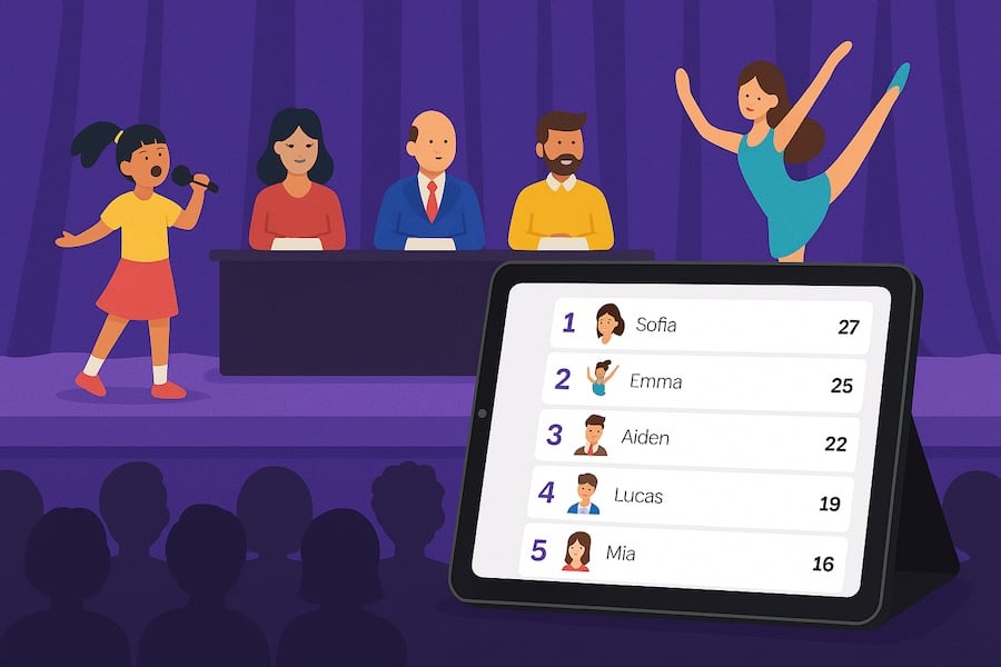 Feature screenshot: Talent show with judges scoring and live audience display