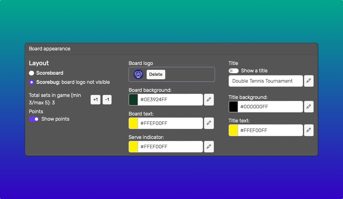 Scoreboard settings for a tennis scoreboard