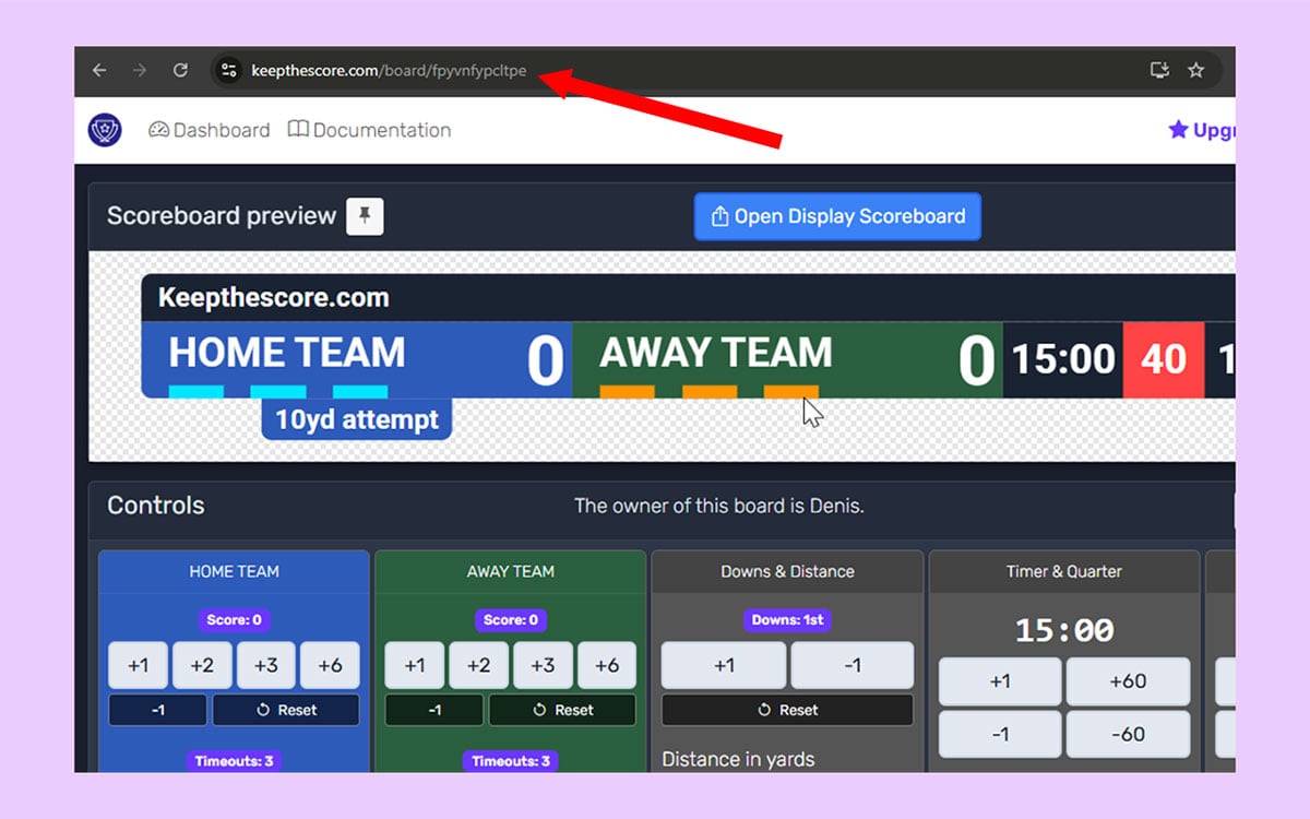 Scoreboard URL showing where to find the token
