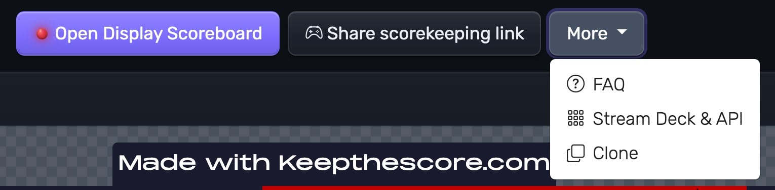 The More menu in the scoreboard control panel, with the Stream Deck & API item