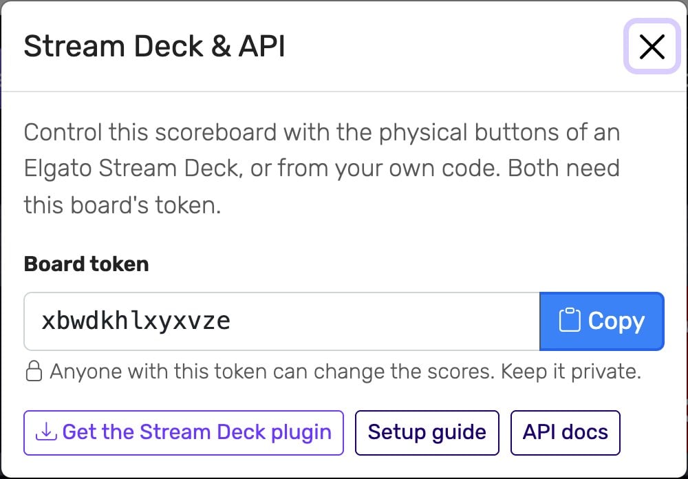 The Stream Deck & API window in the scoreboard control panel, showing the board token and a Copy button