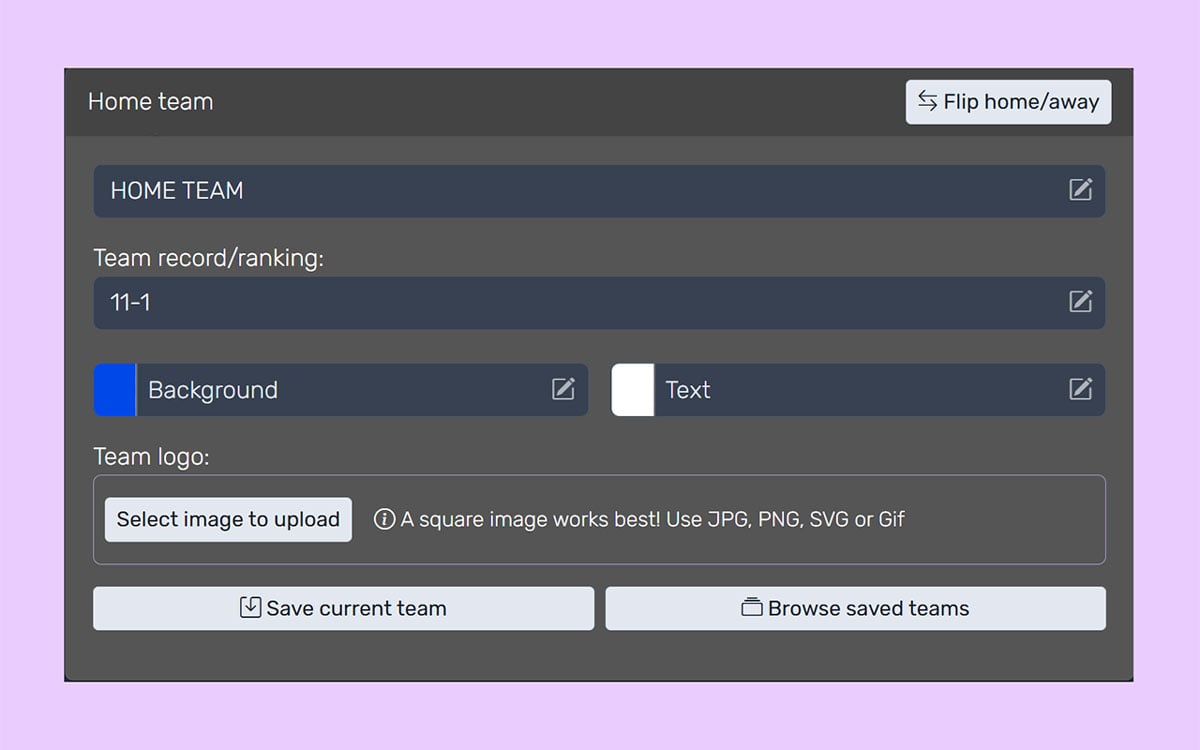 Team setup panel with all customization options